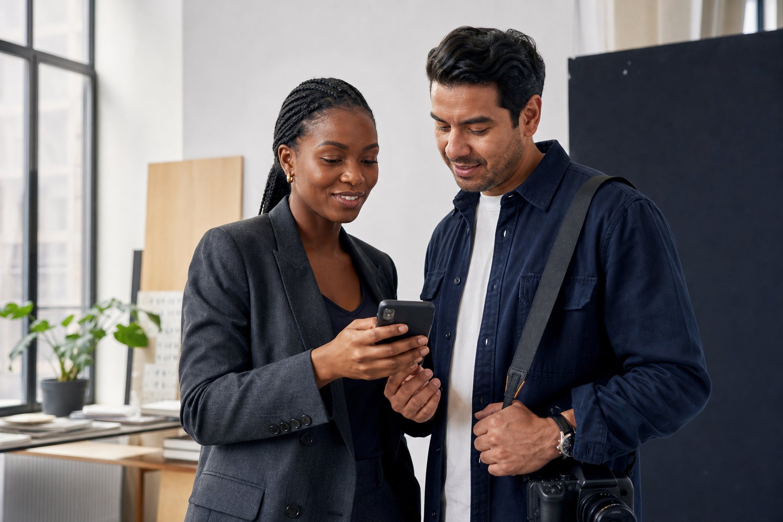 Young brand and creator reviewing campaign content together in a studio