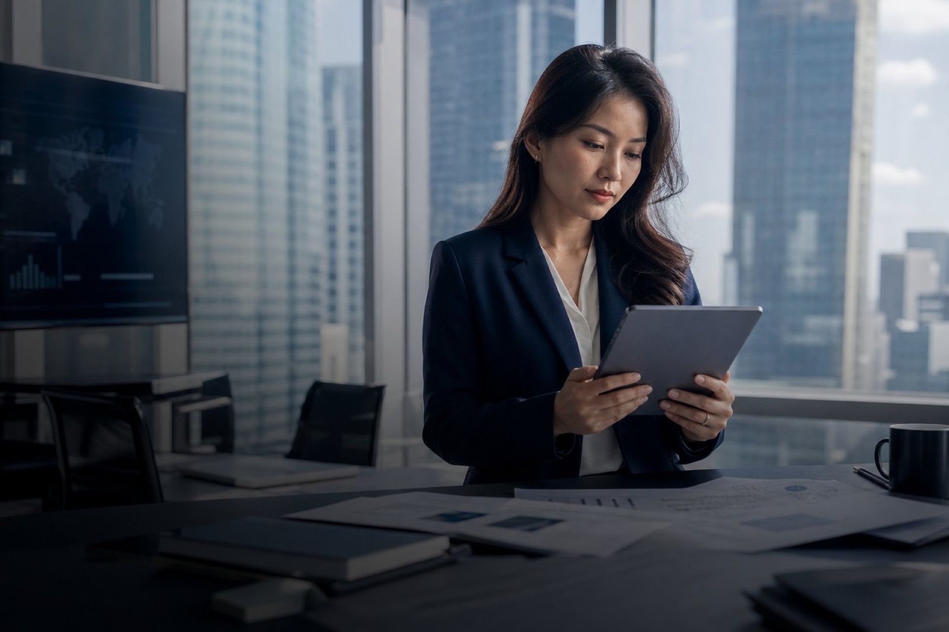 Brand marketer reviewing a campaign on a tablet in a high-rise office