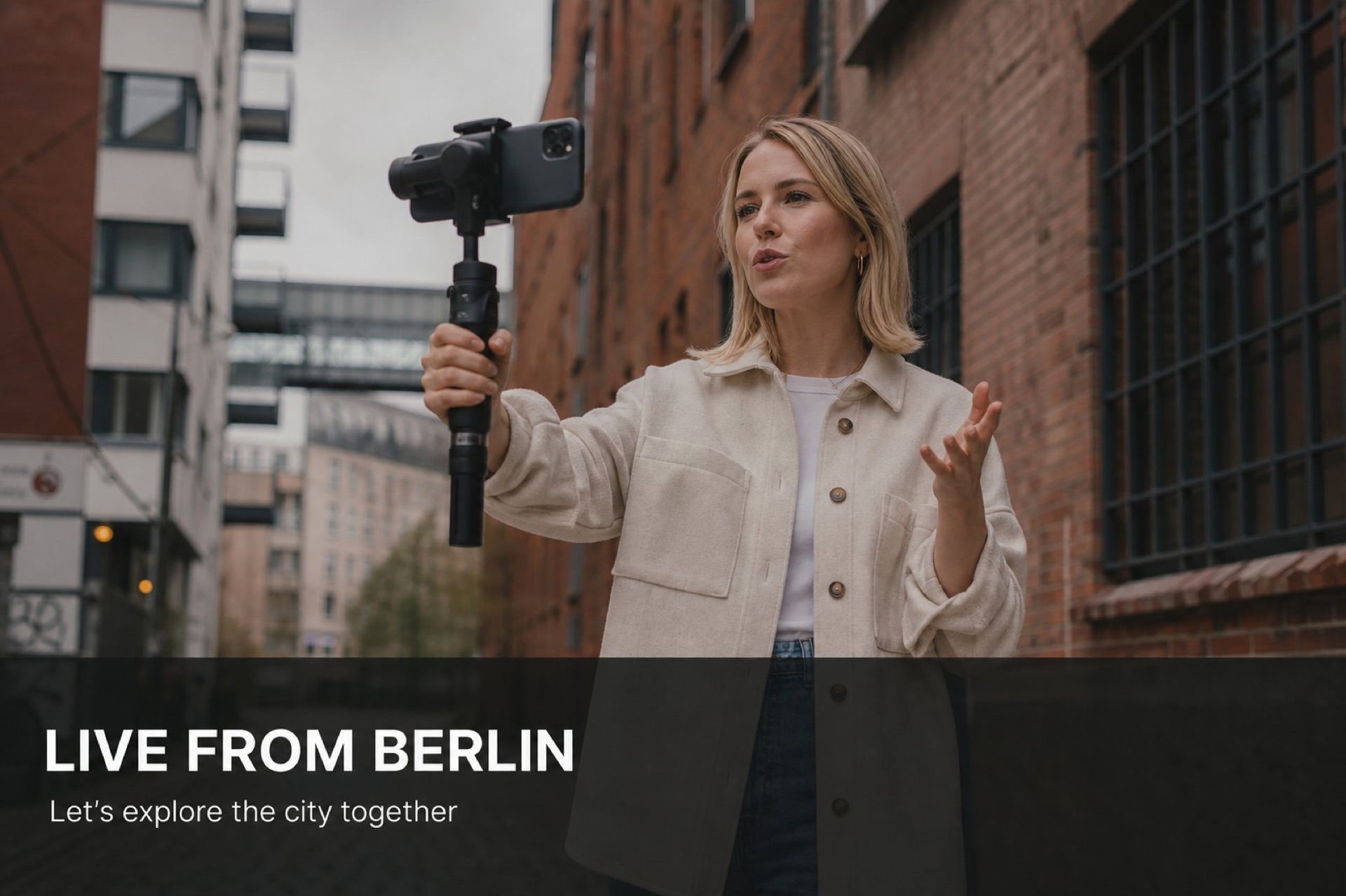 Creator filming a city walk with a handheld gimbal
